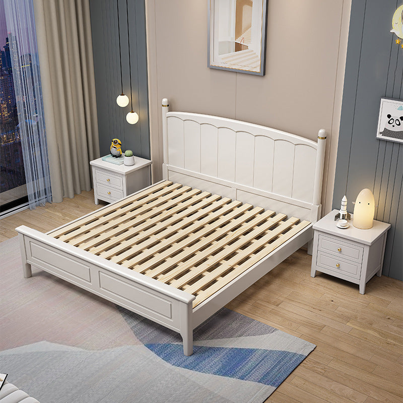 Modern White Wood Panel Standard Bed, Rectangular Headboard Bed