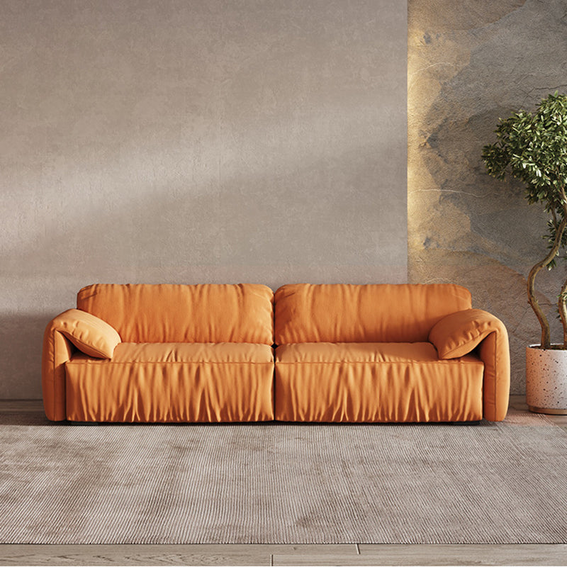 Contemporary Pillow Top Arm Settee Orange Faux Leather Sofa for Living Room