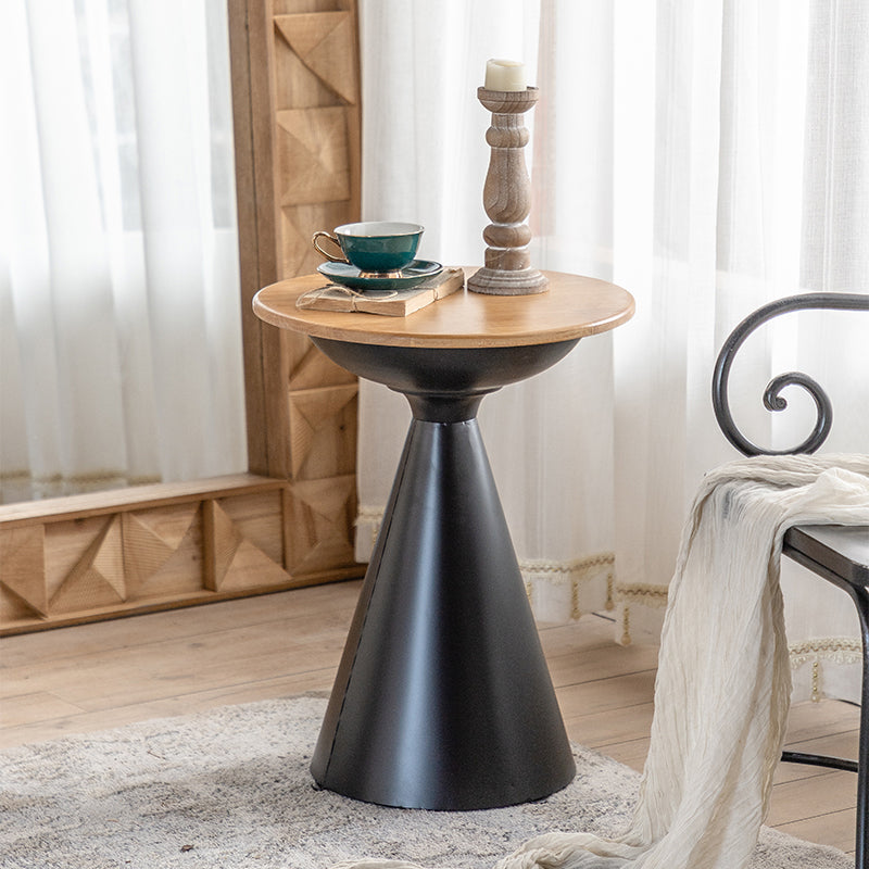 Round Solid Wood Top Coffee Table Iron Pedestal Cocktail Table