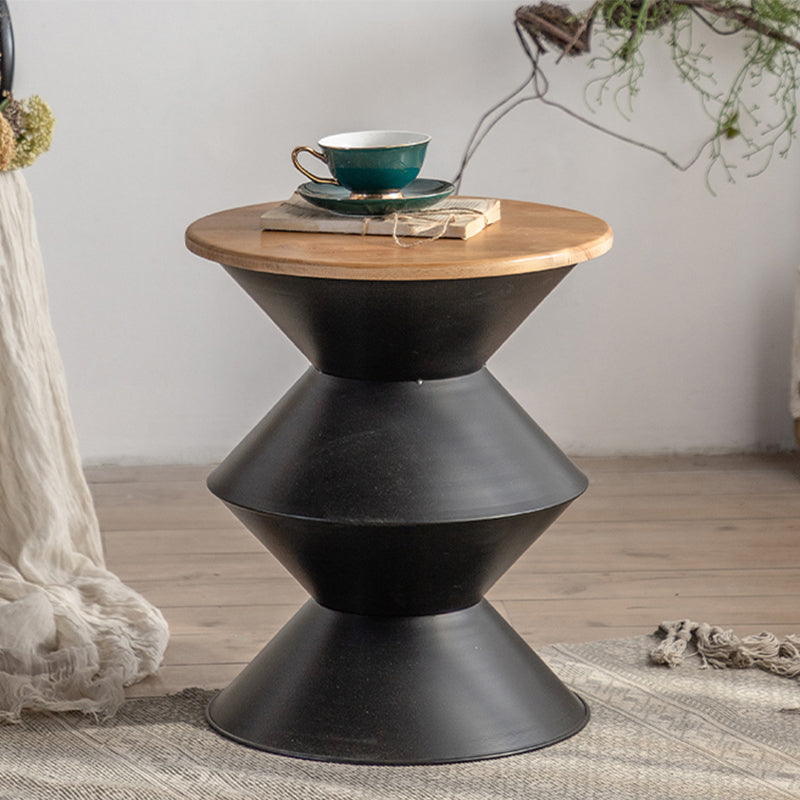 Round Solid Wood Top Coffee Table Iron Pedestal Cocktail Table