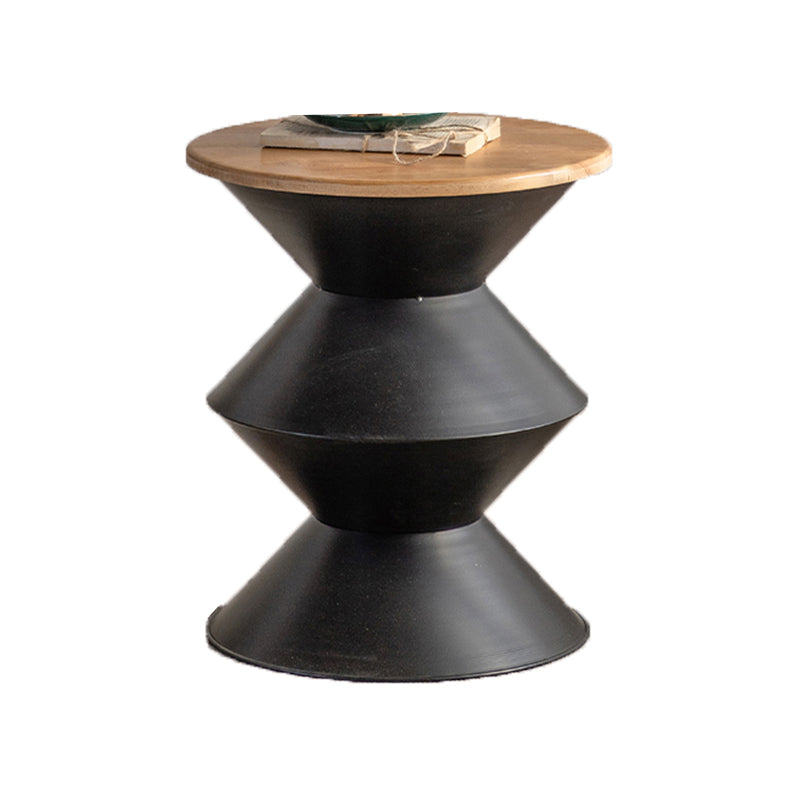 Round Solid Wood Top Coffee Table Iron Pedestal Cocktail Table