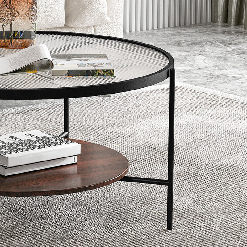 Contemporary 4 Legs Glass Top with Storage Shelf Round Single Coffee Table