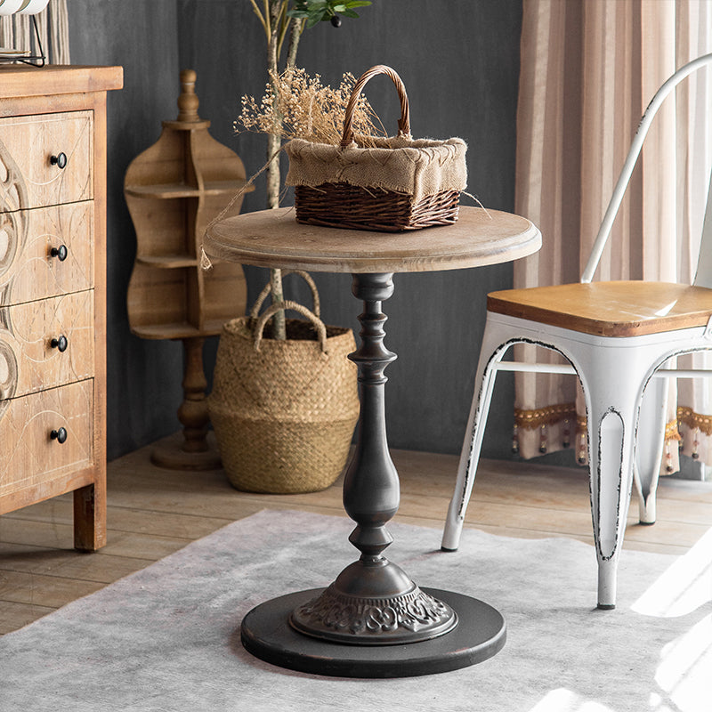 French Country Round Solid Wood Top Coffee Table Iron Pedestal Cocktail Table