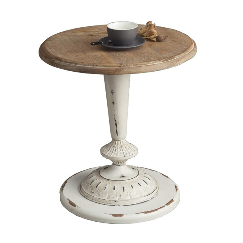 French Country Round Solid Wood Top Coffee Table Iron Pedestal Cocktail Table