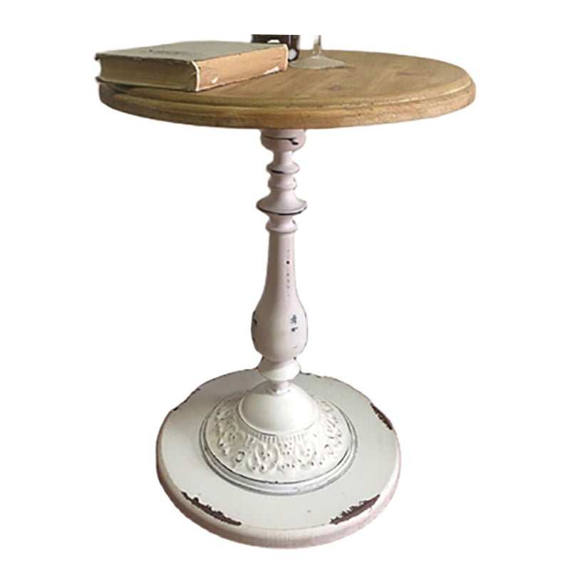 French Country Round Solid Wood Top Coffee Table Iron Pedestal Cocktail Table