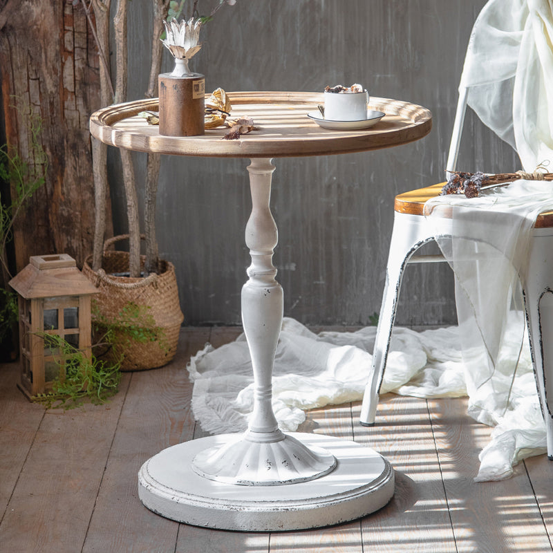 Round Wood Top Coffee Table Iron Pedestal Cocktail Table - Distressed Surface Treatment