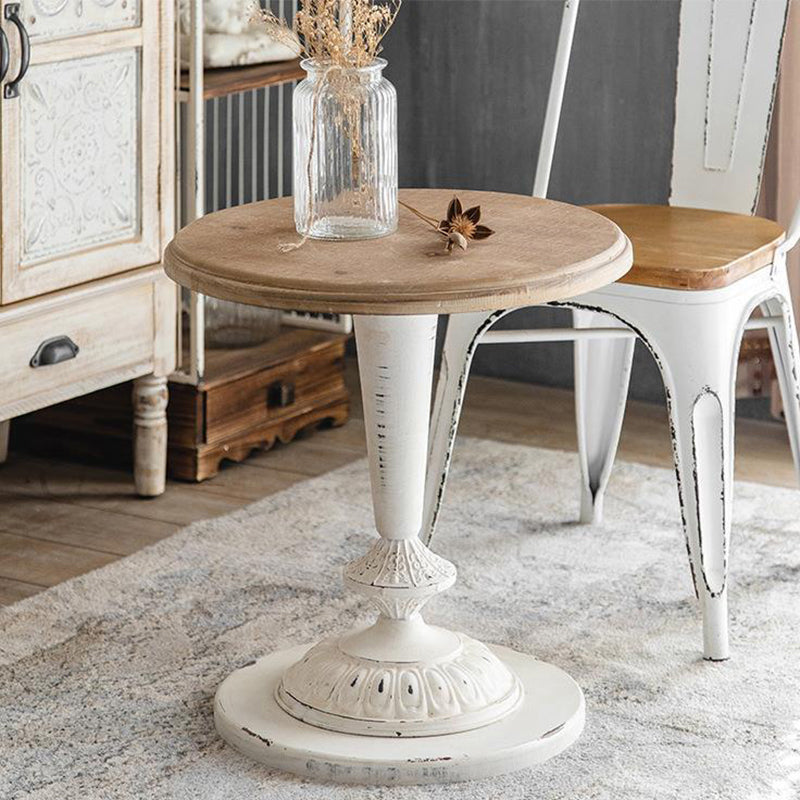 Round Wood Top Coffee Table Iron Pedestal Cocktail Table - Distressed Surface Treatment