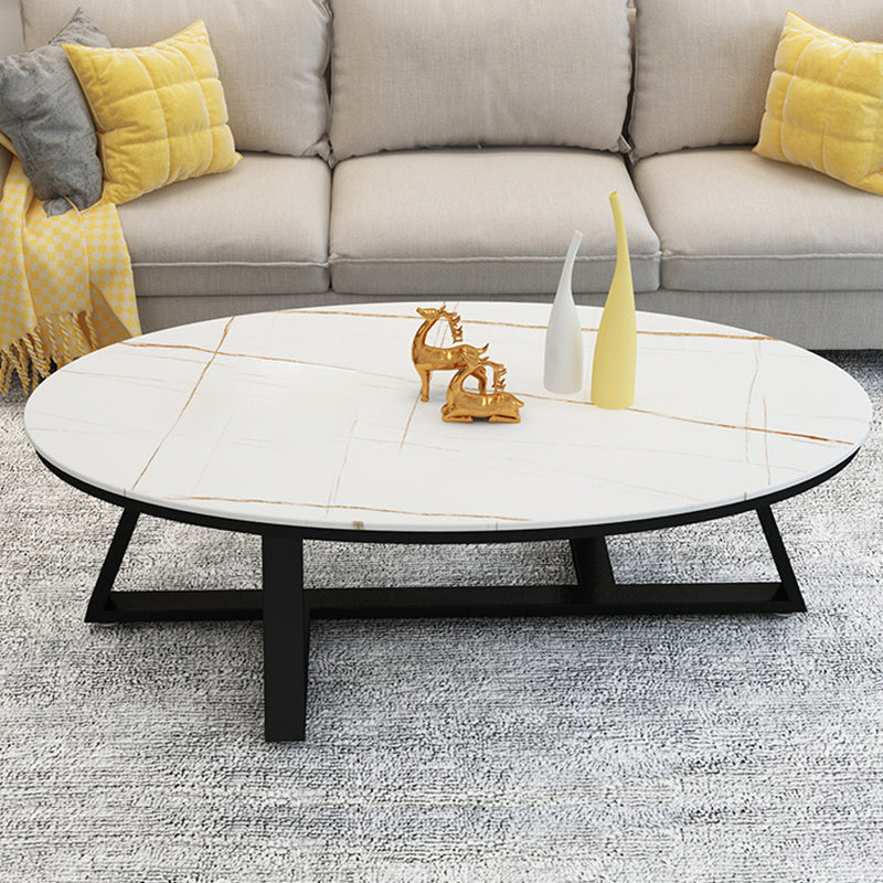 Glam Oval Slate Coffee Table 17.7"H Iron Cross Legs Cocktail Table