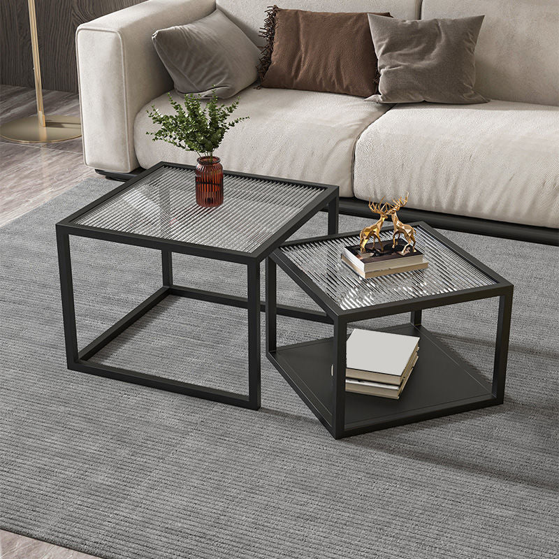 Modern Square Glass Coffee Table Iron Frame Base Cocktail Table