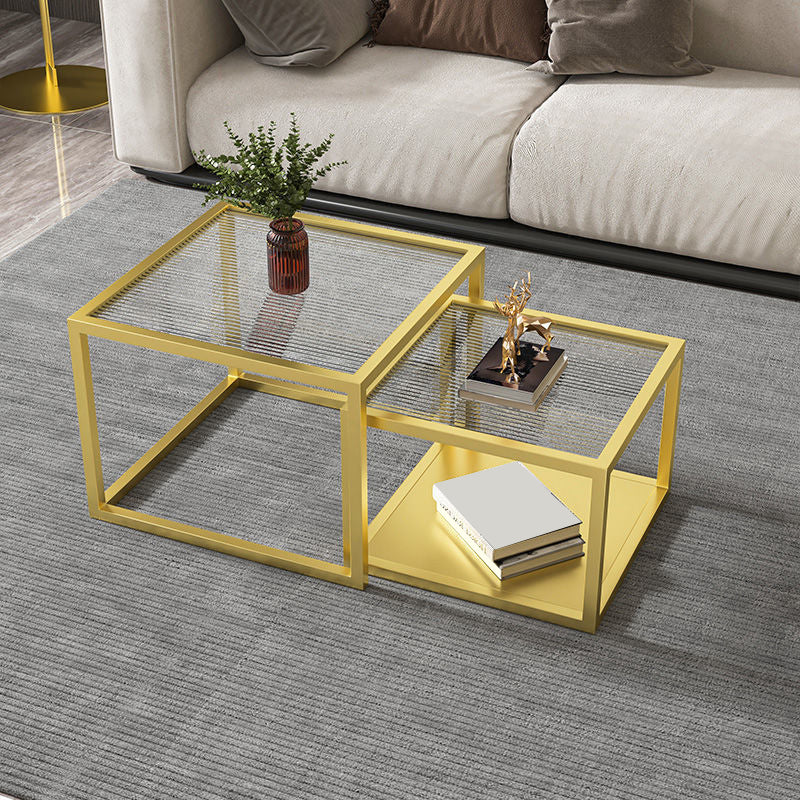 Modern Square Glass Coffee Table Iron Frame Base Cocktail Table