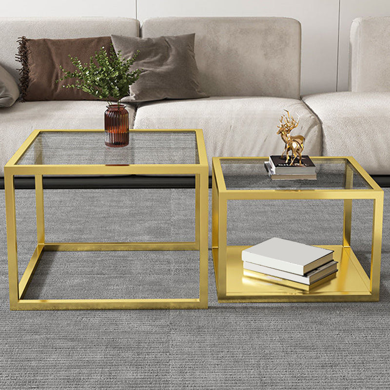 Modern Square Glass Coffee Table Iron Frame Base Cocktail Table