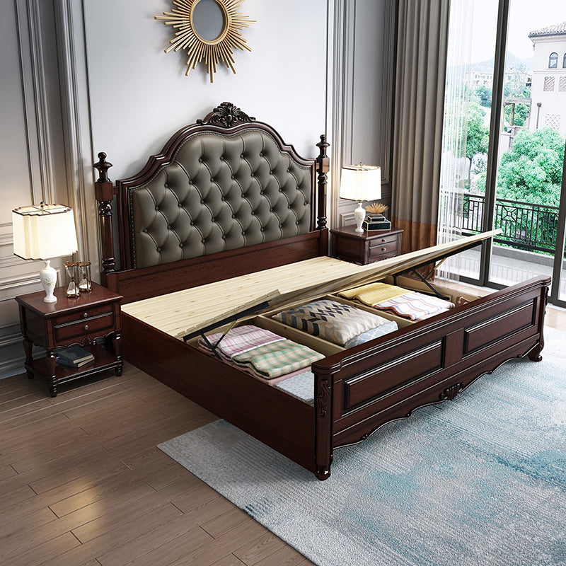 Rubberwood Traditional Panel Bed 62.59" High Brown Bed with Upholstered Headboard