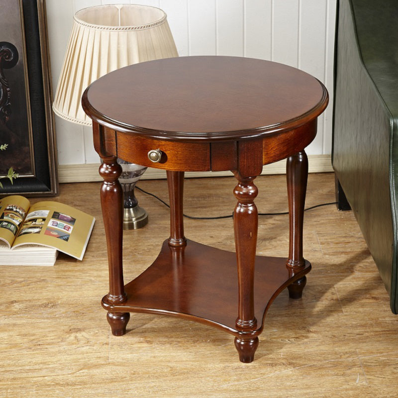 Traditional 24..4" Tall End Table in Brown Solid Wood Round Side Table with Shelf
