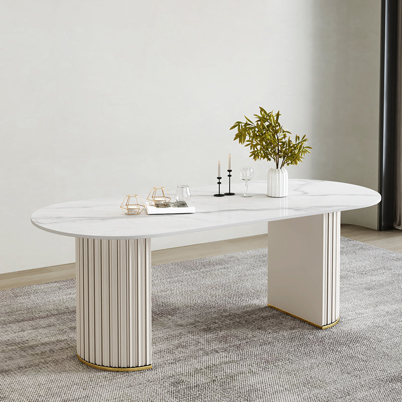 Luxury Sintered Stone Dining Desk Oval Shape Double Base Kitchen Table