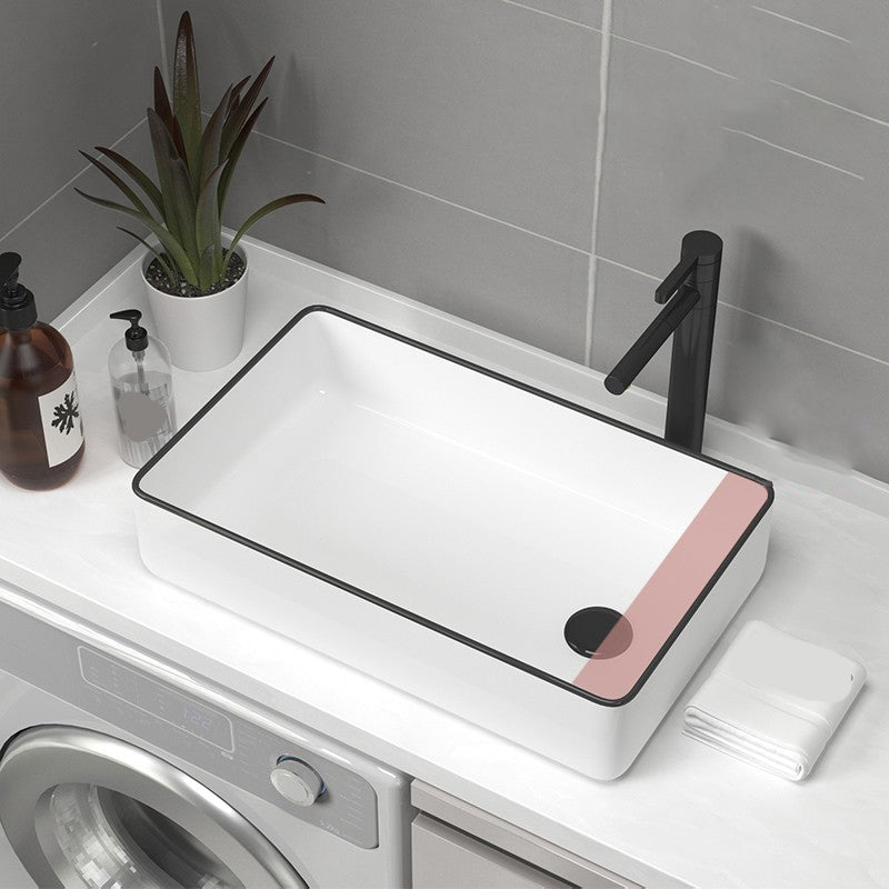 Contemporary Bathroom Sink Pop-Up Drain Porcelain Rectangular Vessel Sink
