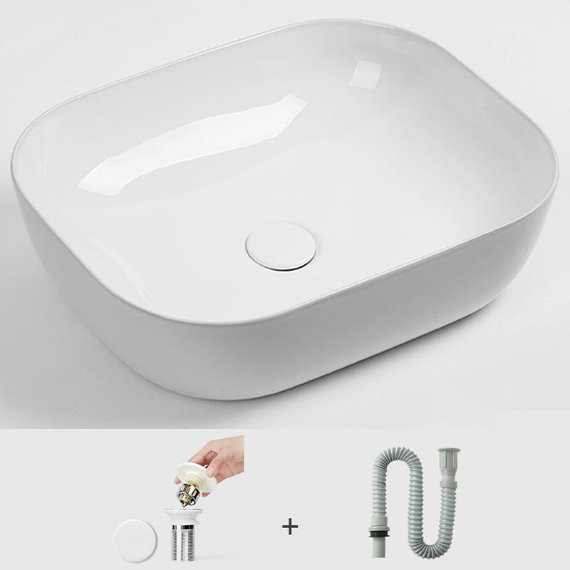 Contemporary Bathroom Sink Pop-Up Drain Porcelain Solid Color Rectangular Vessel Sink