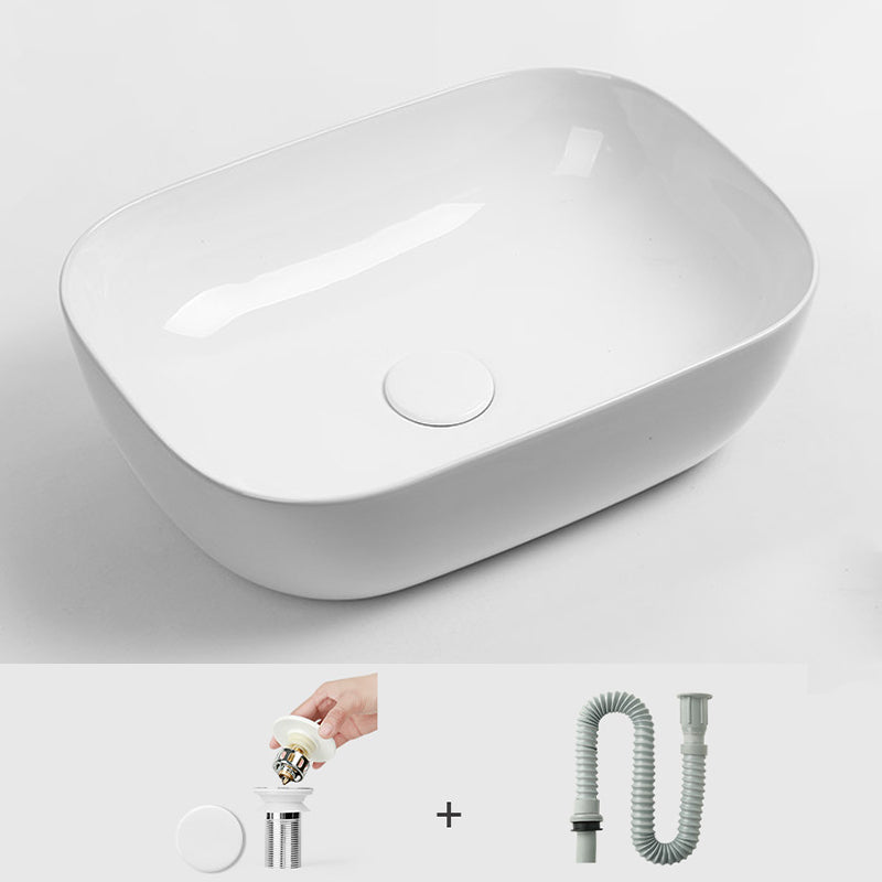 Contemporary Bathroom Sink Pop-Up Drain Porcelain Solid Color Rectangular Vessel Sink