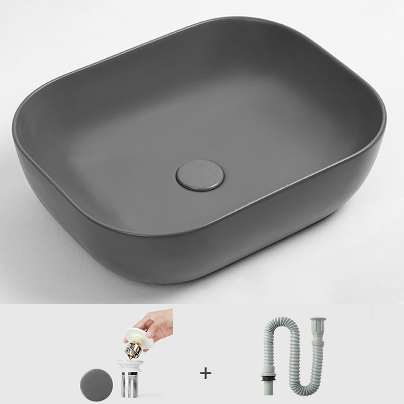 Contemporary Bathroom Sink Pop-Up Drain Porcelain Solid Color Rectangular Vessel Sink