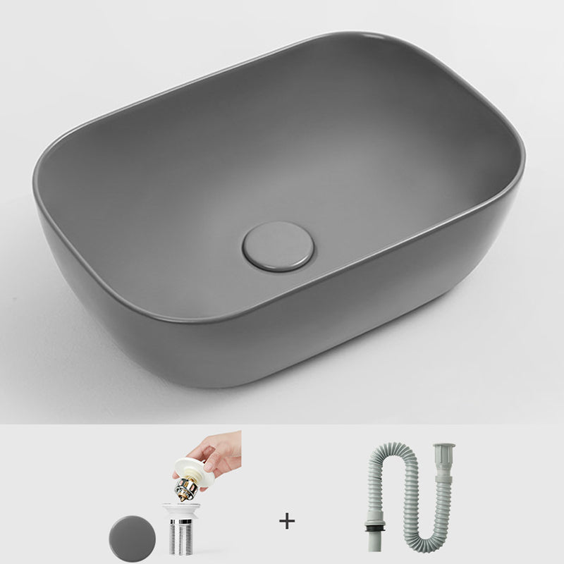 Contemporary Bathroom Sink Pop-Up Drain Porcelain Solid Color Rectangular Vessel Sink