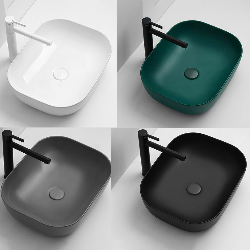 Contemporary Bathroom Sink Pop-Up Drain Porcelain Solid Color Rectangular Vessel Sink