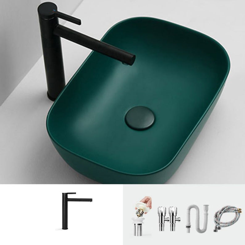 Contemporary Bathroom Sink Pop-Up Drain Porcelain Solid Color Rectangular Vessel Sink