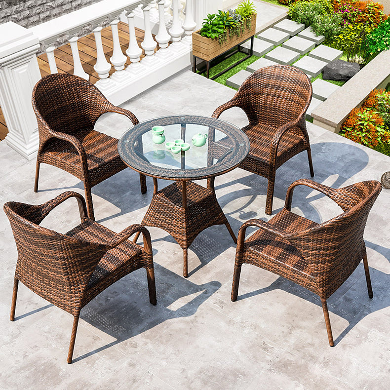 Modern Tempered Glass Outdoor Table Set 1/5 Pieces Dining Table with Rat Base