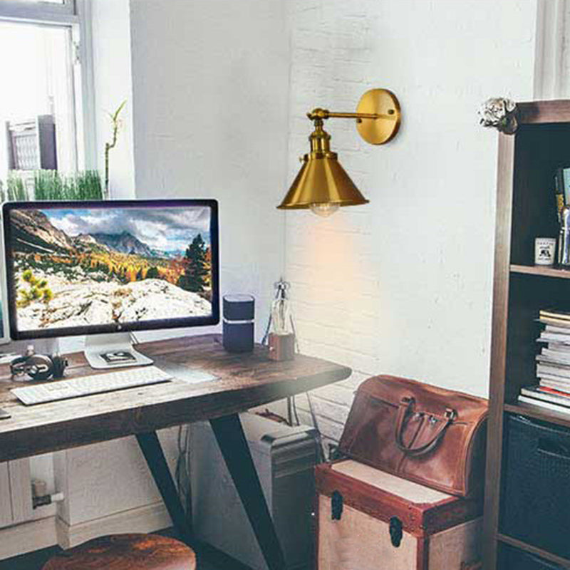 Industrial Style Cone Wall Sconce Metal 1 Light Sconces in Gold for Living Room