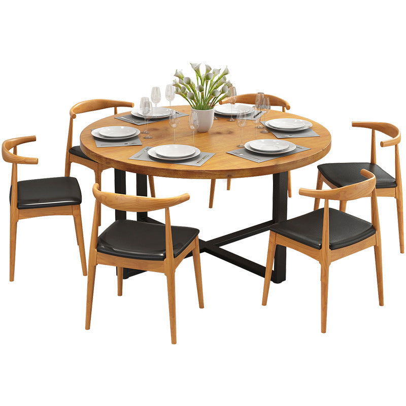 1/7 Pieces Modern Dining Set Solid Wood Round Table with Leather Chairs