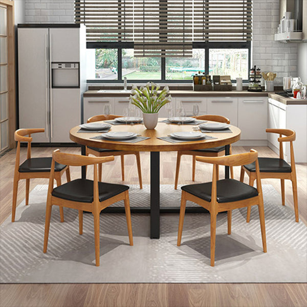 1/7 Pieces Modern Dining Set Solid Wood Round Table with Leather Chairs