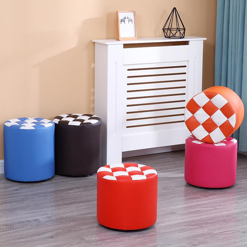 Contemporary Pouf Ottoman Faux Leather Upholstered Tufted Square Pattern Round Ottoman