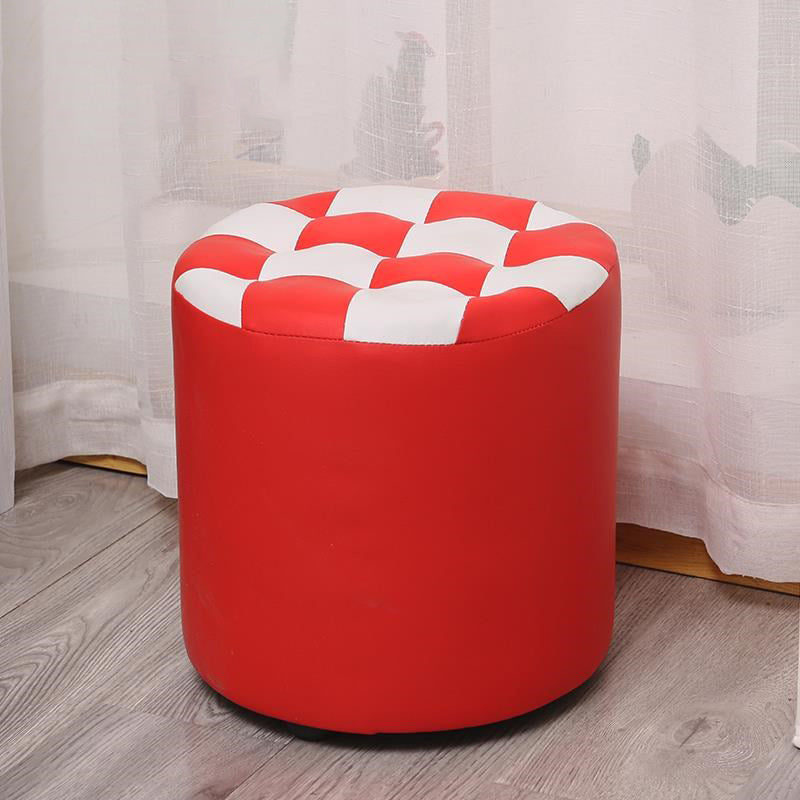 Contemporary Pouf Ottoman Faux Leather Upholstered Tufted Square Pattern Round Ottoman