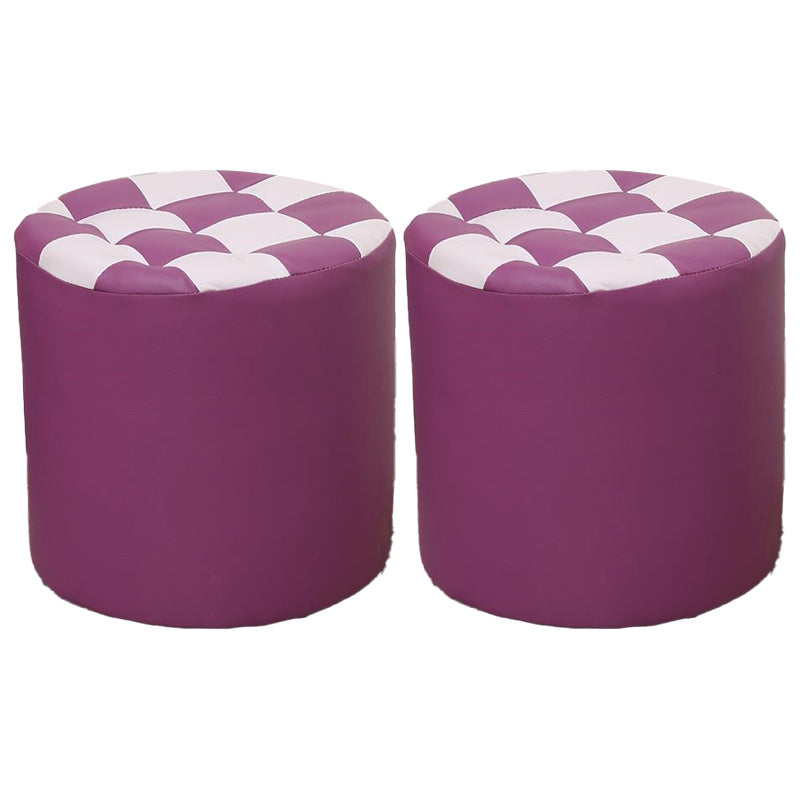 Contemporary Pouf Ottoman Faux Leather Upholstered Tufted Square Pattern Round Ottoman