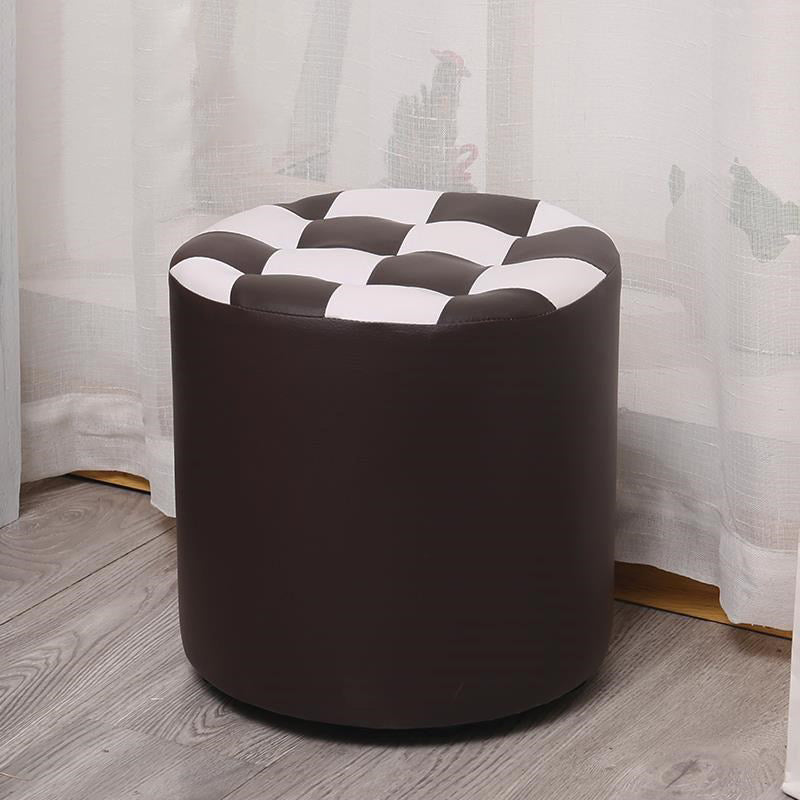 Contemporary Pouf Ottoman Faux Leather Upholstered Tufted Square Pattern Round Ottoman