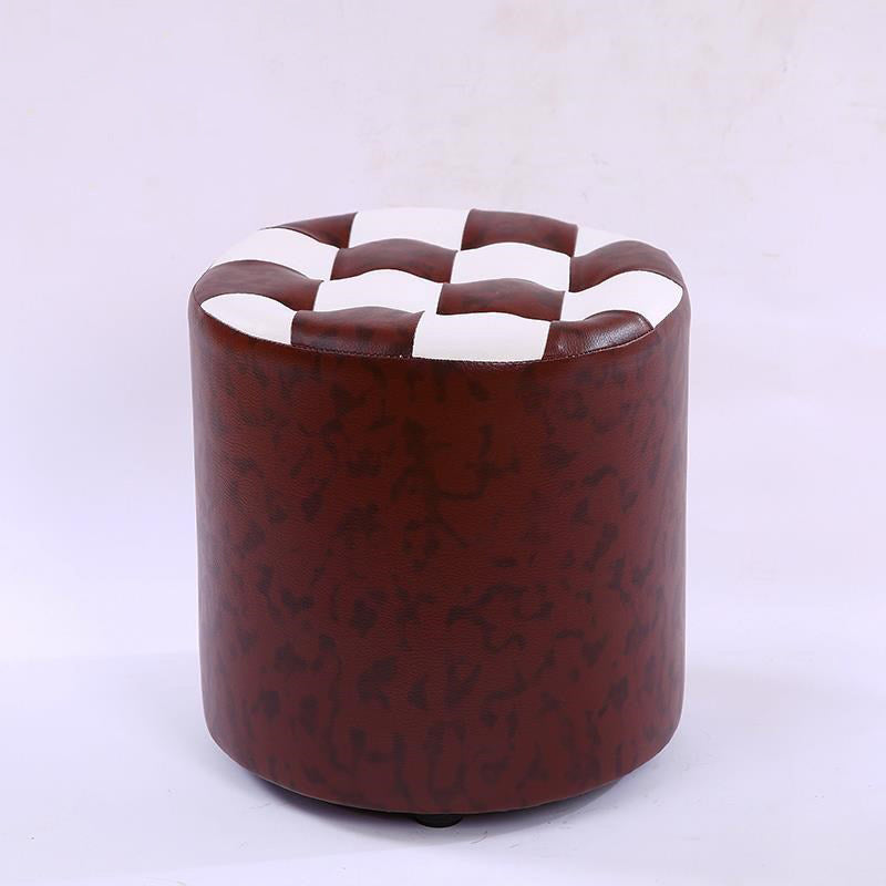 Contemporary Pouf Ottoman Faux Leather Upholstered Tufted Square Pattern Round Ottoman