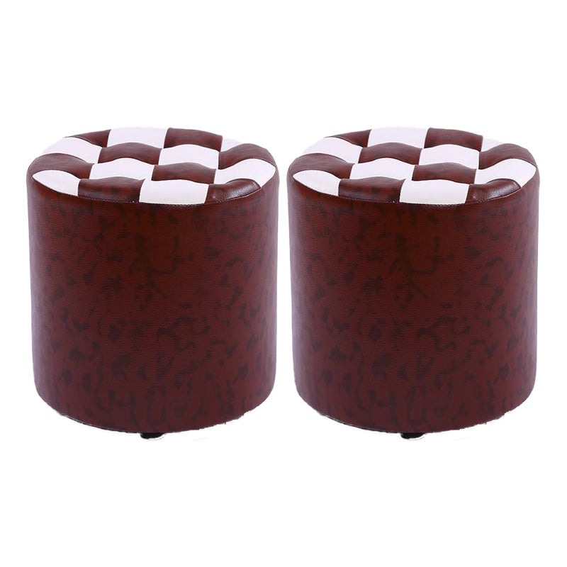 Contemporary Pouf Ottoman Faux Leather Upholstered Tufted Square Pattern Round Ottoman