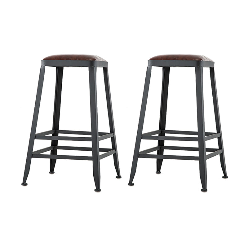 Industrial Brown Counter Stool Leather Square Stool with Black Metal Frame