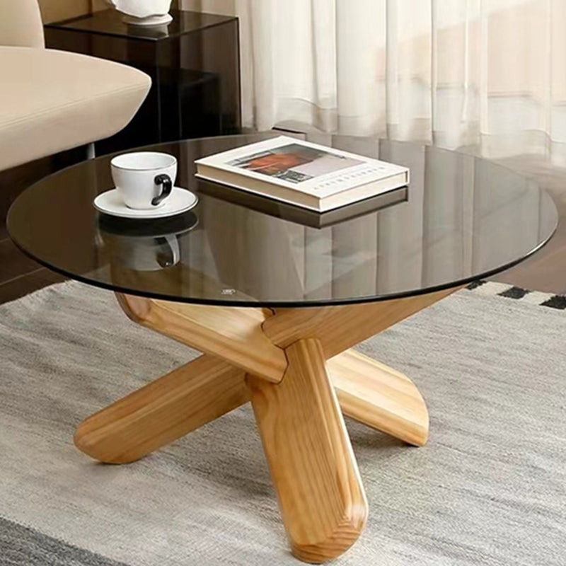 Round 1 Single Coffee Table Tempered Glass Top 3 Legs Wood Cocktail Table