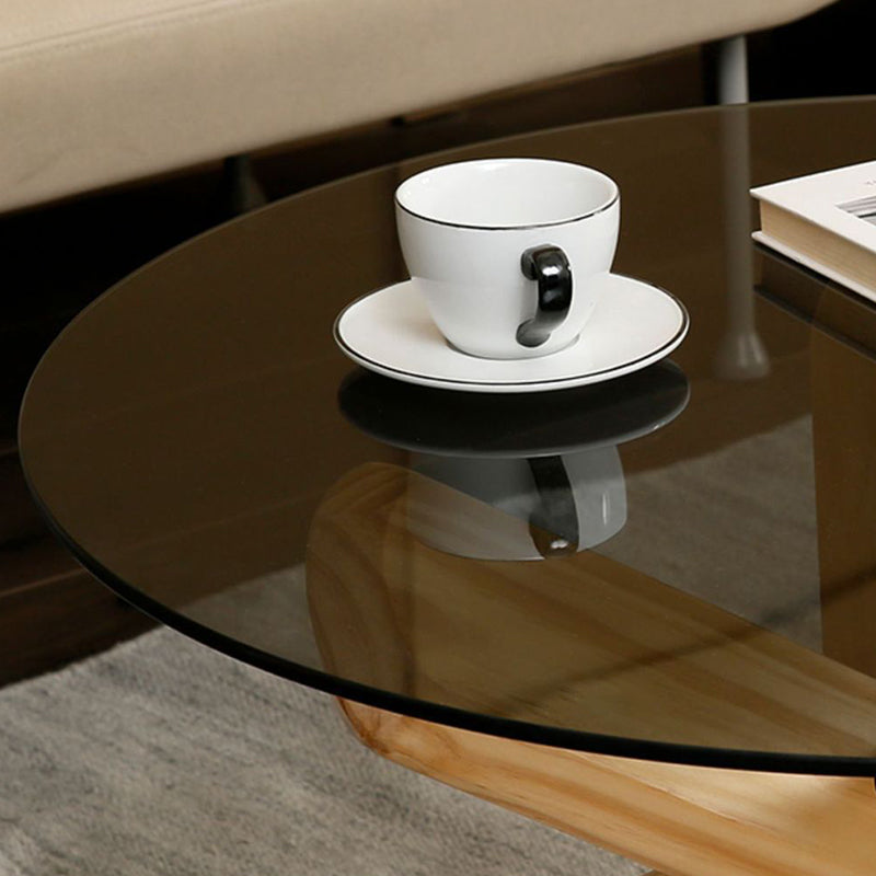 Round 1 Single Coffee Table Tempered Glass Top 3 Legs Wood Cocktail Table