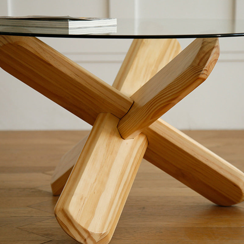 Round 1 Single Coffee Table Tempered Glass Top 3 Legs Wood Cocktail Table