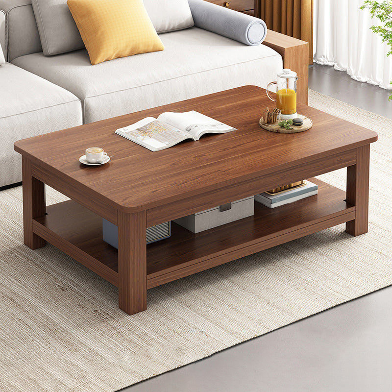 Modern 17.7" H Brown/ Natural Rectangle Wooden 4 Legs Coffee Table with Shelf
