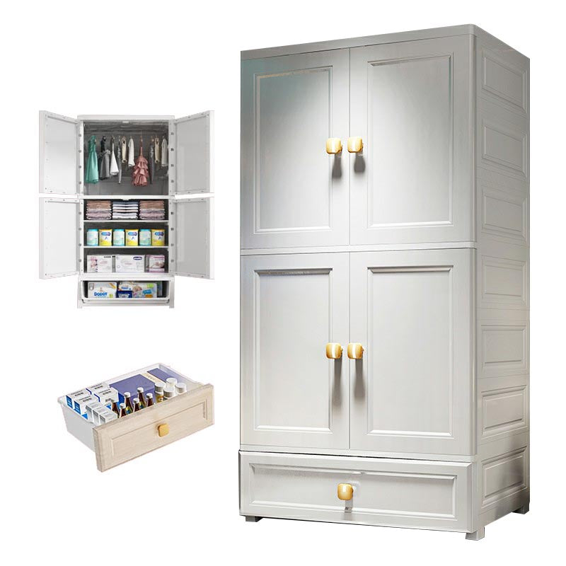 White Plastic Armoire, 2-Door Wardrobe With 2-Drawers and Clothing Rod