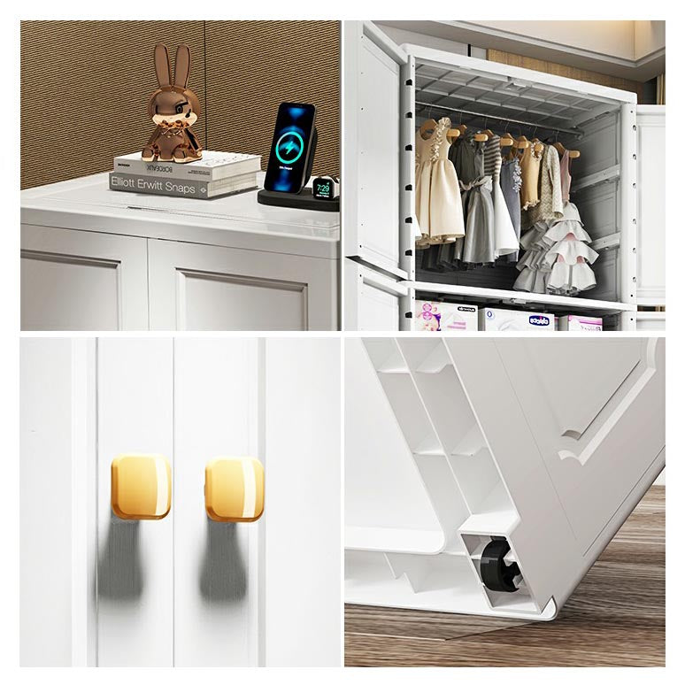 White Plastic Armoire, 2-Door Wardrobe With 2-Drawers and Clothing Rod