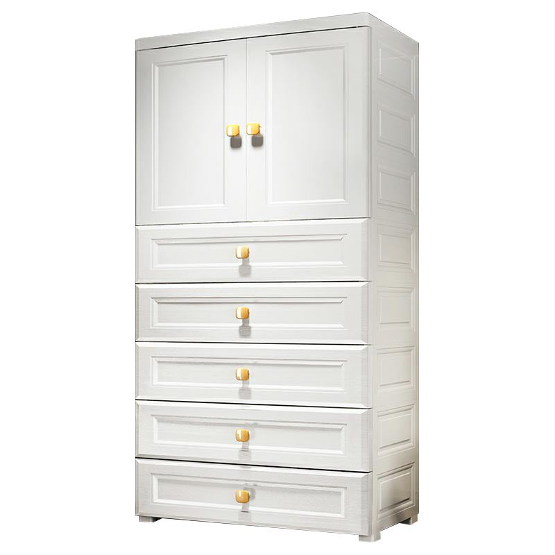 White Plastic Armoire, 2-Door Wardrobe With 2-Drawers and Clothing Rod