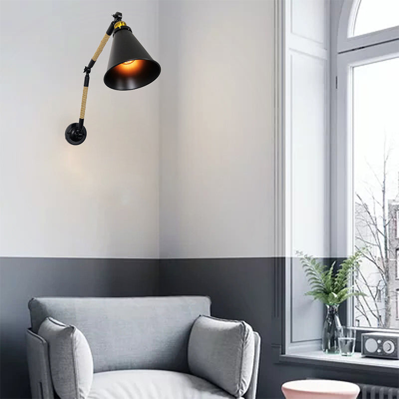 Industrial Rope Wall Sconce Cone Shape Wall Light with Metal Shade for Living Room