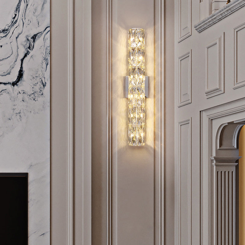 Modern Style Wall Light Cylinder Crystal Sconces in Transparent for Bedroom