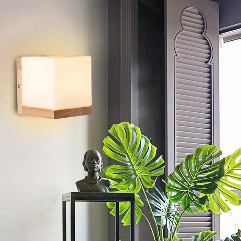 Wood Sqaure Shape Wall Sconce Modern Style 1 Light Wall Light Fixture in Brown