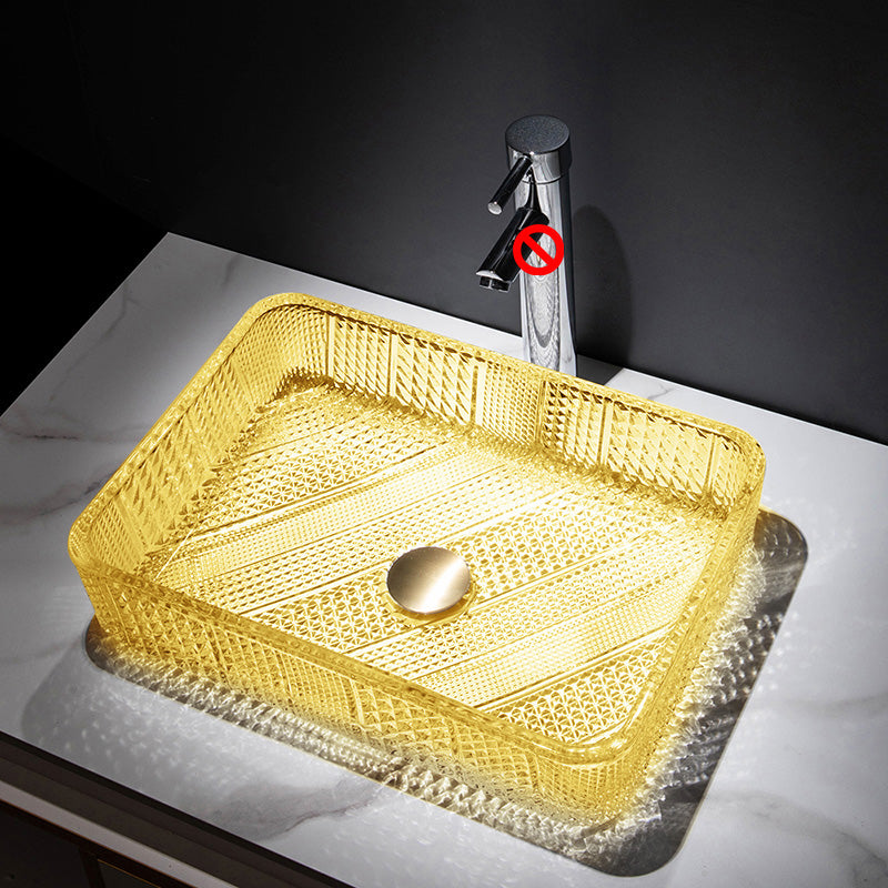 Contemporary Bathroom Sink Pop-Up Drain Glass Solid Color Rectangular Vessel Sink