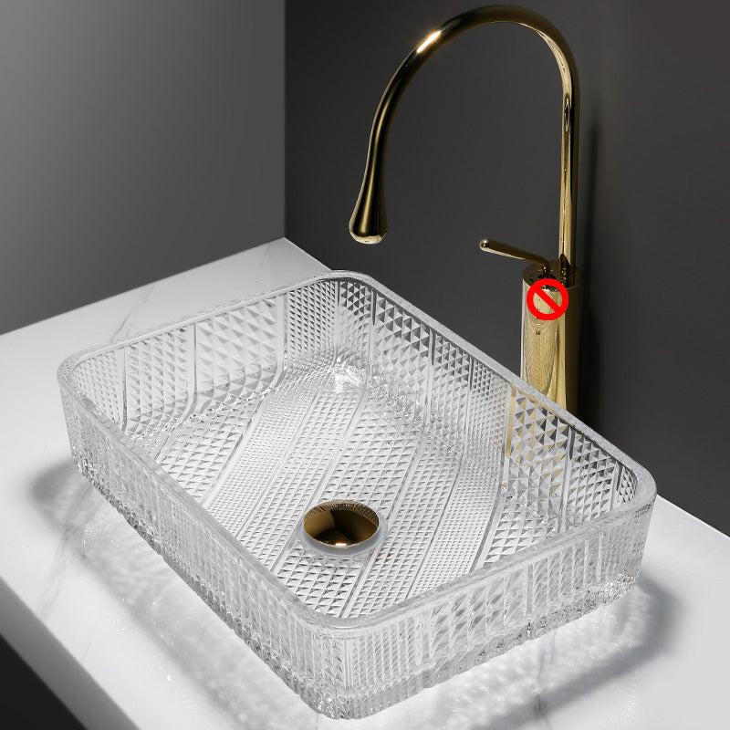 Contemporary Bathroom Sink Pop-Up Drain Glass Solid Color Rectangular Vessel Sink