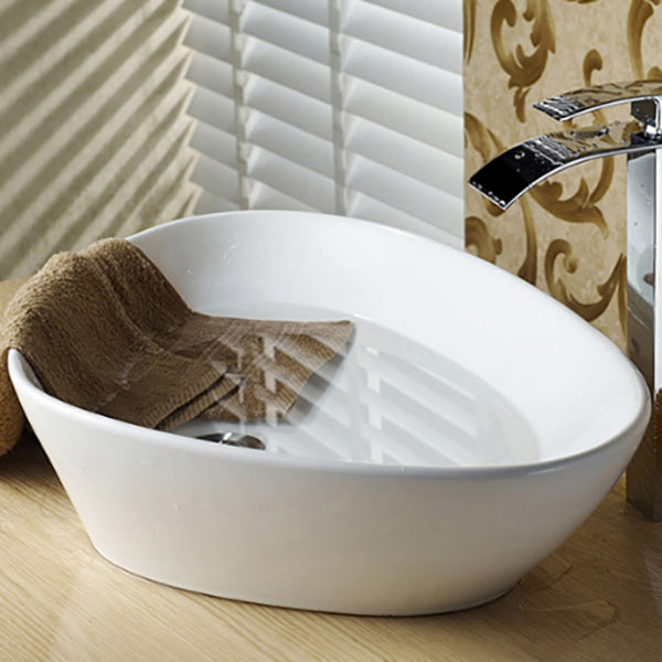 Modern Bathroom Sink Porcelain Pop-Up Drain Oval-Shape Vessel Sink (Faucet Not Included)