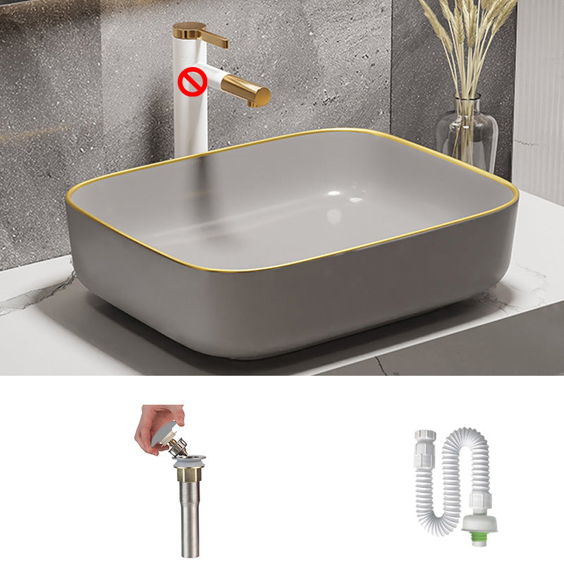 Modern Bathroom Sink Porcelain Pop-Up Drain Rectangular Vessel Bathroom Sink